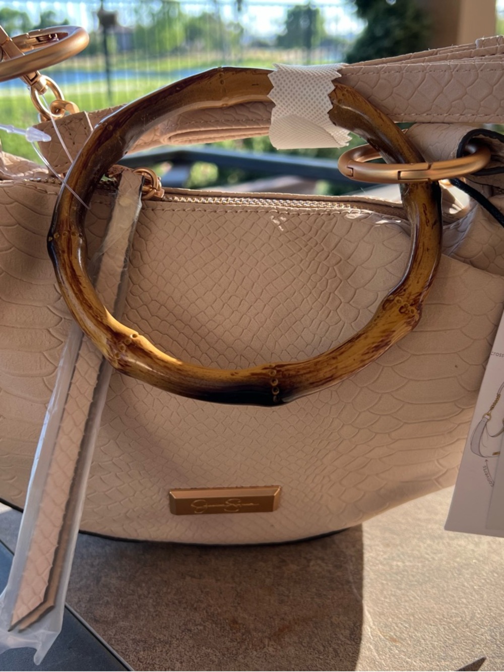 Jessica Simpson Beige Faux-Snakeskin Bag with Bamboo Ring Handle
